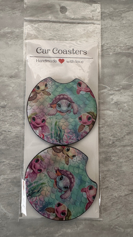 Cute Sea Turtle Neoprene Car Coaster Double Pack